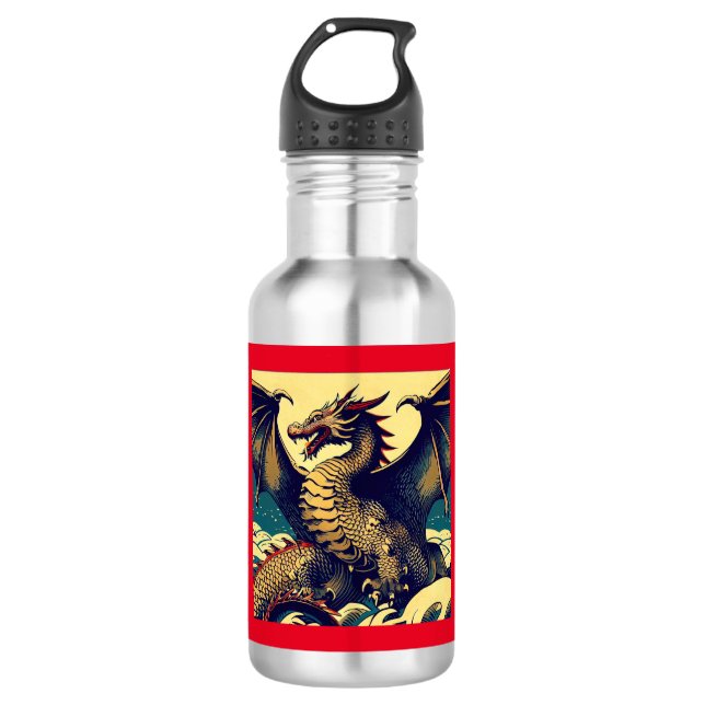 Fantasy European Dragon - Woodcut 1 Stainless Steel Water Bottle (Front)
