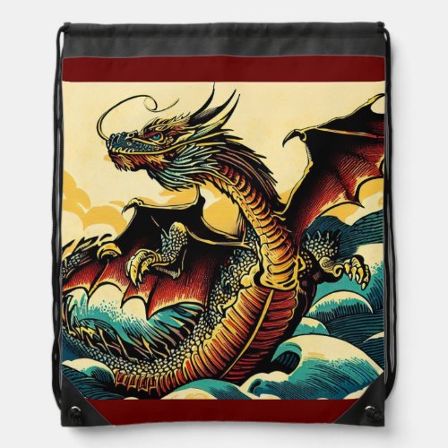 Fantasy European Dragon _ Woodcut 2 Drawstring Bag