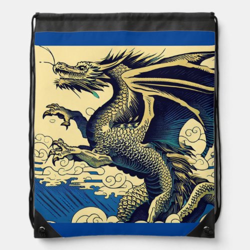 Fantasy European Dragon _ Woodcut 3 Drawstring Bag