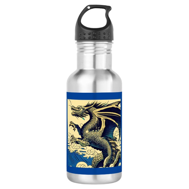 Fantasy European Dragon - Woodcut 3 Stainless Steel Water Bottle (Front)