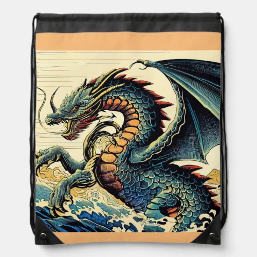 Fantasy European Dragon _ Woodcut 4 Drawstring Bag