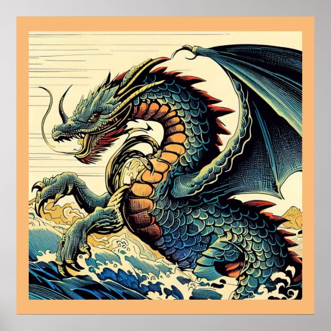 Fantasy European Dragon - Woodcut 4 Poster (Front)