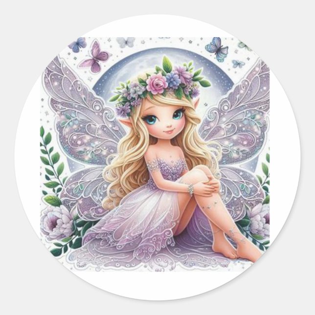Fantasy Fairy: A delicate fairy with glittering wi Classic Round Sticker (Front)