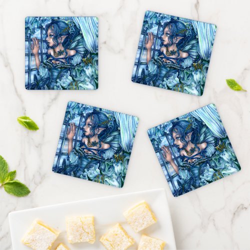 Fantasy Fairy Anime Girl Victorian Blue Coaster Set