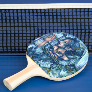 anime girl holding a ping pong paddle in front of a table