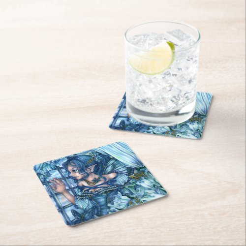 Fantasy Fairy Anime Girl Victorian Blue Square Paper Coaster