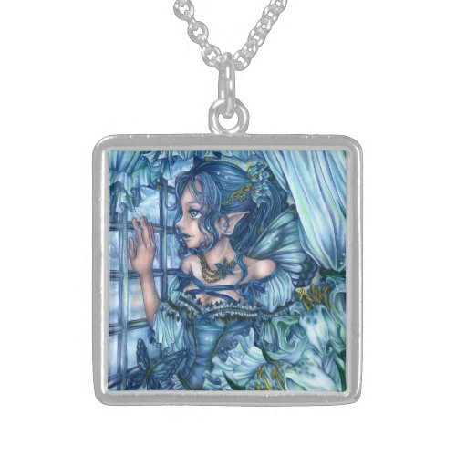 Fantasy Fairy Anime Girl Victorian Blue Sterling Silver Necklace