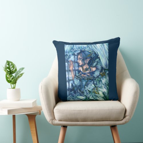 Fantasy Fairy Anime Girl Victorian Blue Throw Pillow