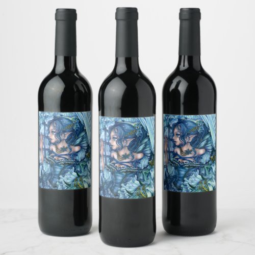 Fantasy Fairy Anime Girl Victorian Blue Wine Label