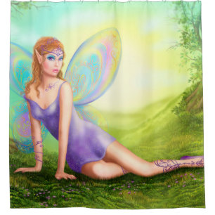 Fantasy fairy butterfly sits on grass in wood. shower curtain