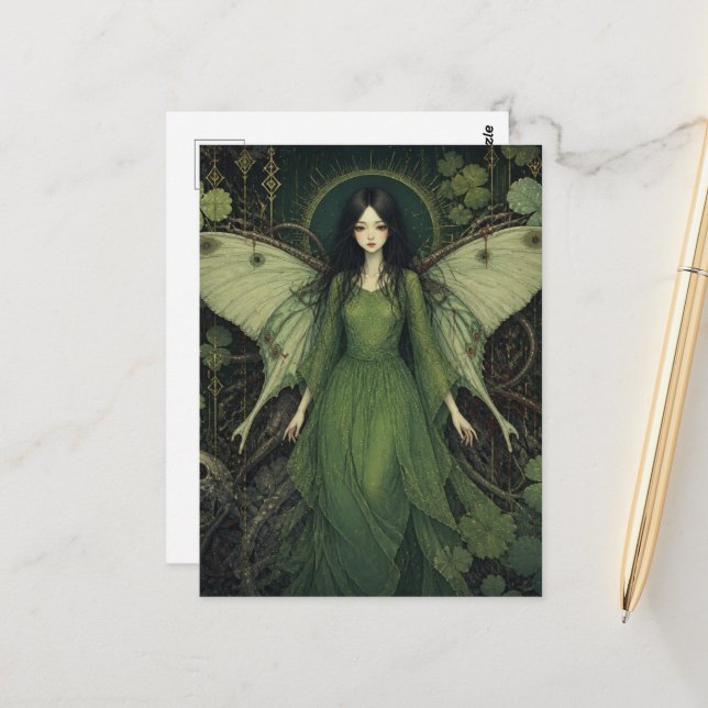 Fantasy Fairy in Green Dress With Moth Wings Postcard (Front/Back In Situ)