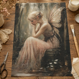 Fantasy Fairy Sitting on a Wooden Log Decoupage Tissue Paper