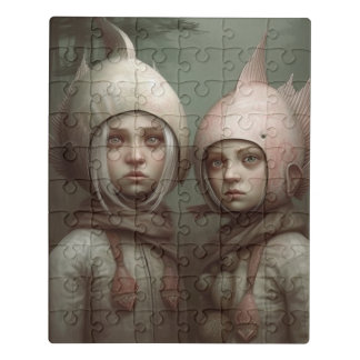 Fantasy Fairy Tale Children With Fish Hats Jigsaw Puzzle