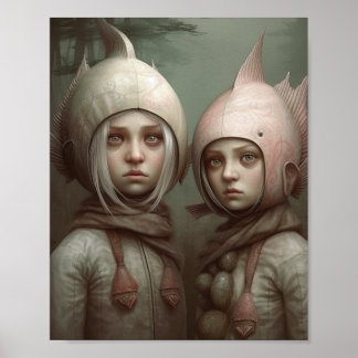 Fantasy Fairy Tale Children With Fish Hats Poster
