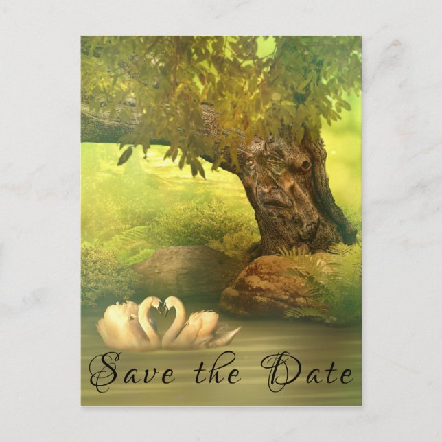 Fantasy Fairy-tale Save the Date Tree Face Swan Announcement Postcard (Front)