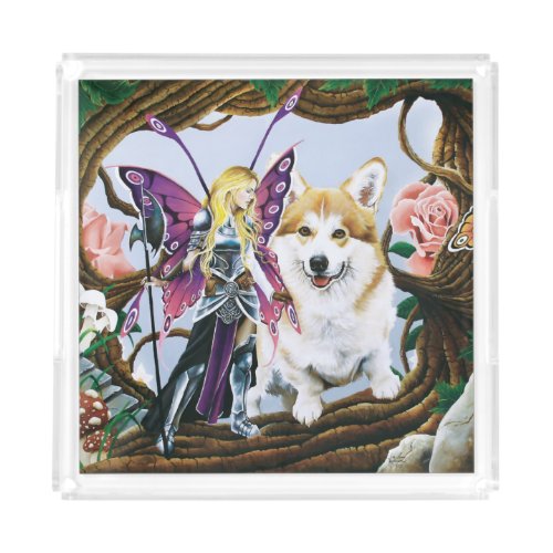 Fantasy Fairy Warrior Corgi Magical Forest Acrylic Tray
