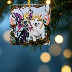 Fantasy Fairy Warrior Corgi Magical Forest Ceramic Ornament