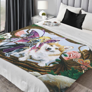 Fantasy Fairy Warrior Corgi Magical Forest Fleece Blanket