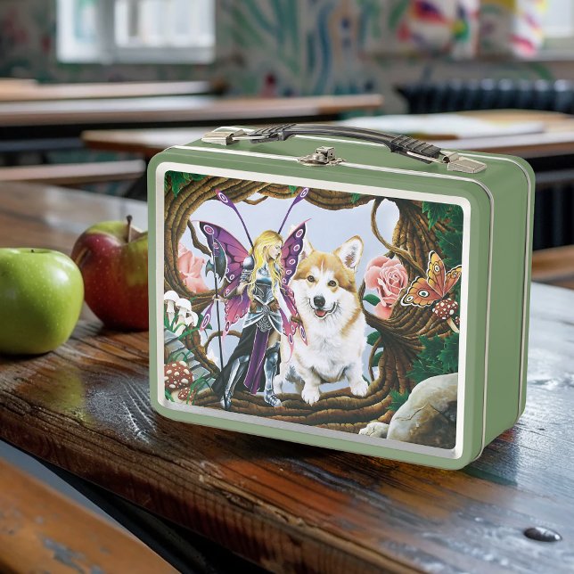 Fantasy Fairy Warrior Corgi Magical Forest Metal Lunch Box (Creator Uploaded)