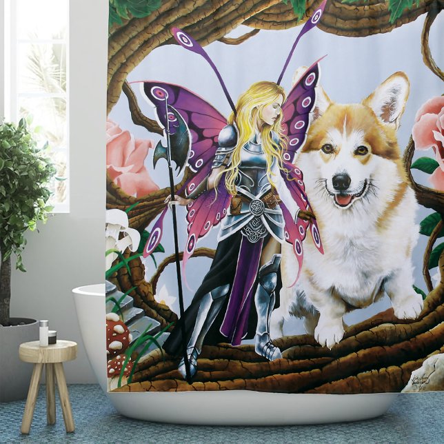 Fantasy Fairy Warrior Corgi Magical Forest Shower Curtain (Creator Uploaded)