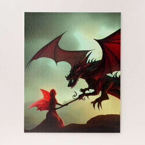 Fantasy Fire Fairy With A Red Dragon Jigsaw Puzzle