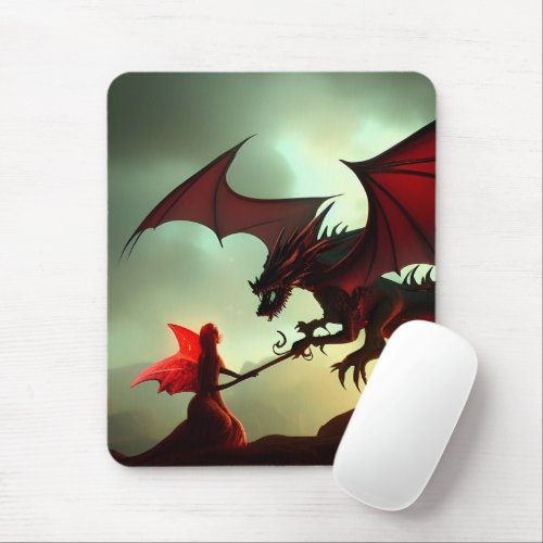 Fantasy Fire Fairy With A Red Dragon Mouse Pad