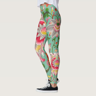 Fantasy Floral Oriental Chinoiserie on Green Leggings