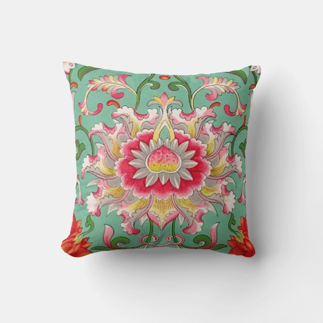 Fantasy Floral Oriental Chinoiserie on Green Throw Pillow (Front)