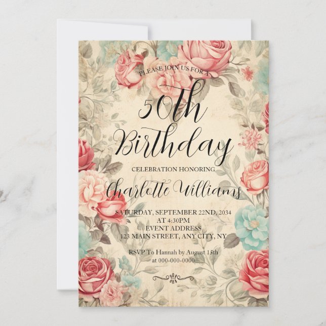 Fantasy Florals Women 50th Birthday Invitation (Front)