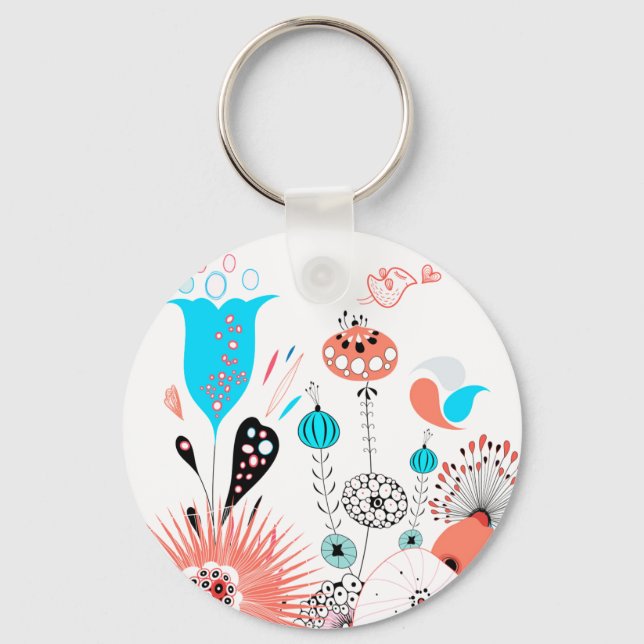 Fantasy Flowers and Birdie Button Keychain (Front)