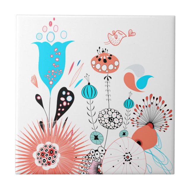 Fantasy Flowers and Birdie Ceramic Tile (Front)