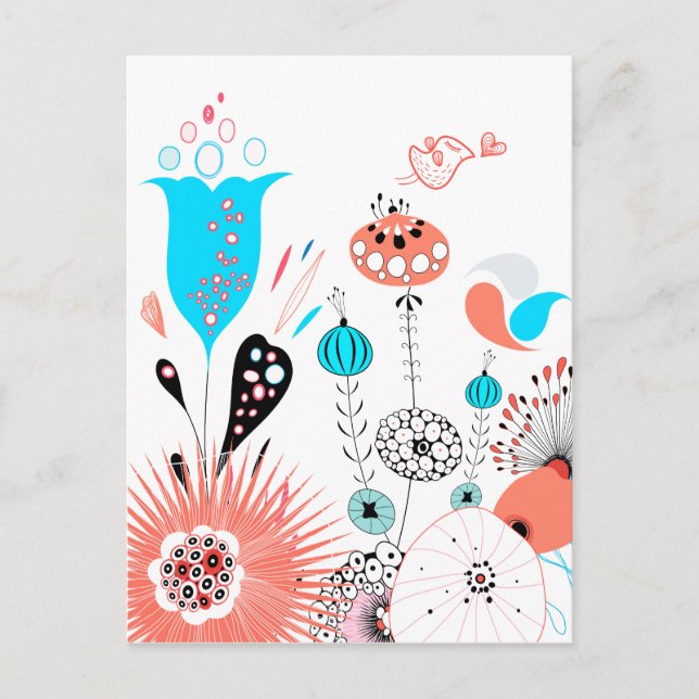 Fantasy Flowers and Birdie Postcard (Front)
