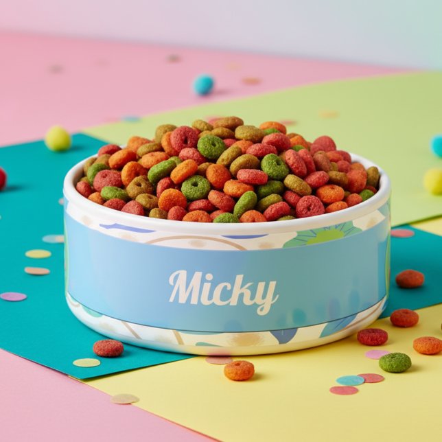 Fantasy Flowers Blue Green Ceramic Pet Bowl (Give him a food bowl to be proud of. Pastel blue fantasy flowers with his name too.)