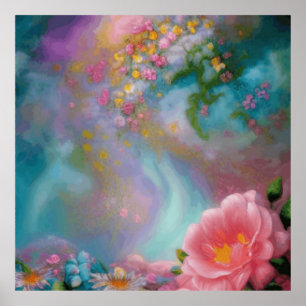 Fantasy Flowers Painted In Pink And Turquoise Poster
