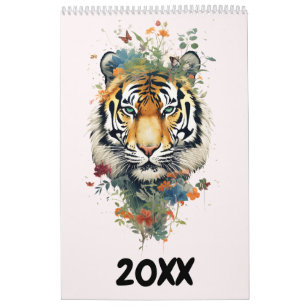 Fantasy flowery wild animals watercolor new year calendar