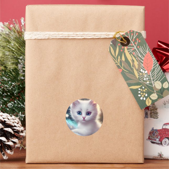 Fantasy Fluffy White Cat Classic Round Sticker (Holiday)