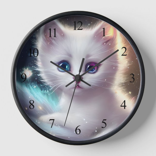 Fantasy Fluffy White Cat Clock (Front)