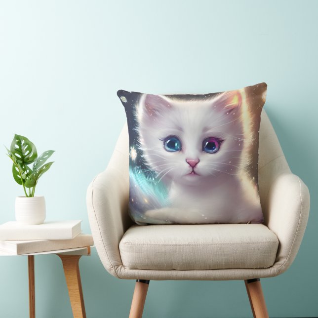 Fantasy Fluffy White Cat Throw Pillow (Chair)