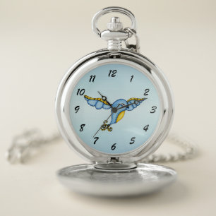 Fantasy Flying Bluebird Yellow Scrolled Tail Pocket Watch