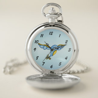 Fantasy Flying Bluebird Yellow Scrolled Tail Pocket Watch