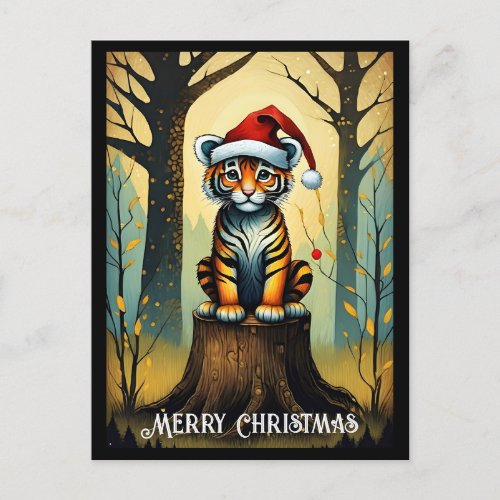 Fantasy Forest Cute Santa Baby Tiger Christmas Postcard