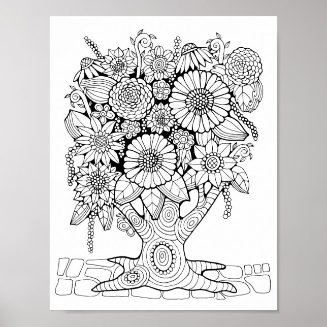Fantasy Forest Flower Tree Coloring Page Art Poster (Front)