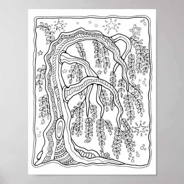 Fantasy Forest Night Willow Tree Coloring Page Art Poster | Zazzle