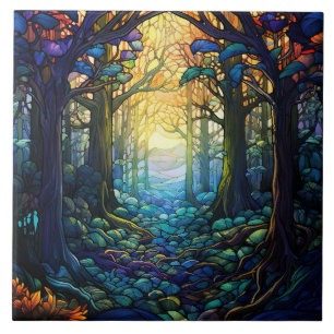 Fantasy Forest Stained Glass Ceramic Tile