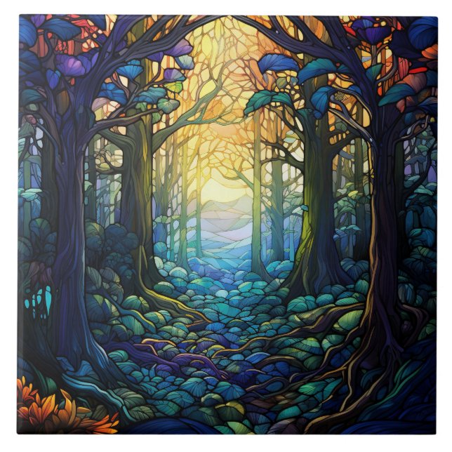 Fantasy Forest Stained Glass  Ceramic Tile (Front)