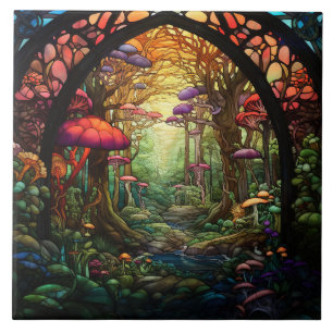 Fantasy Forest Stained Glass  Ceramic Tile