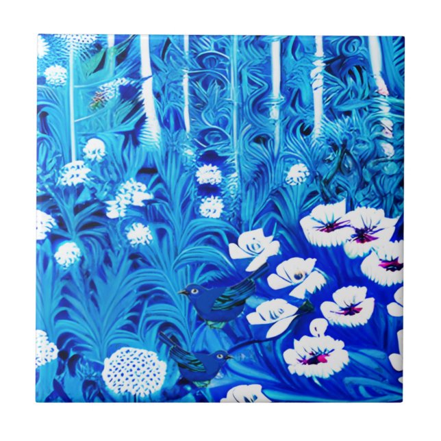 Fantasy Forest with Flowers and Birds Ceramic Tile (Front)