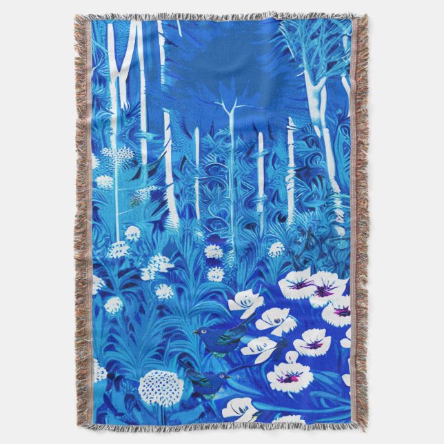 Fantasy Forest with Flowers and Birds Throw Blanket (Front Vertical)