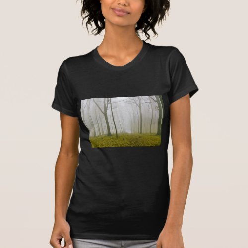 Fantasy forest with fog and yellow foliage T_Shirt