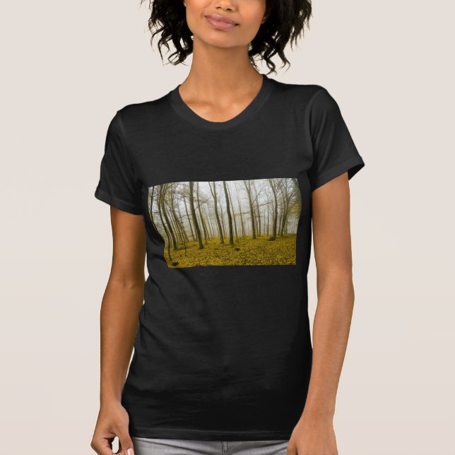 Fantasy forest with fog and yellow leaves T-Shirt (Front)